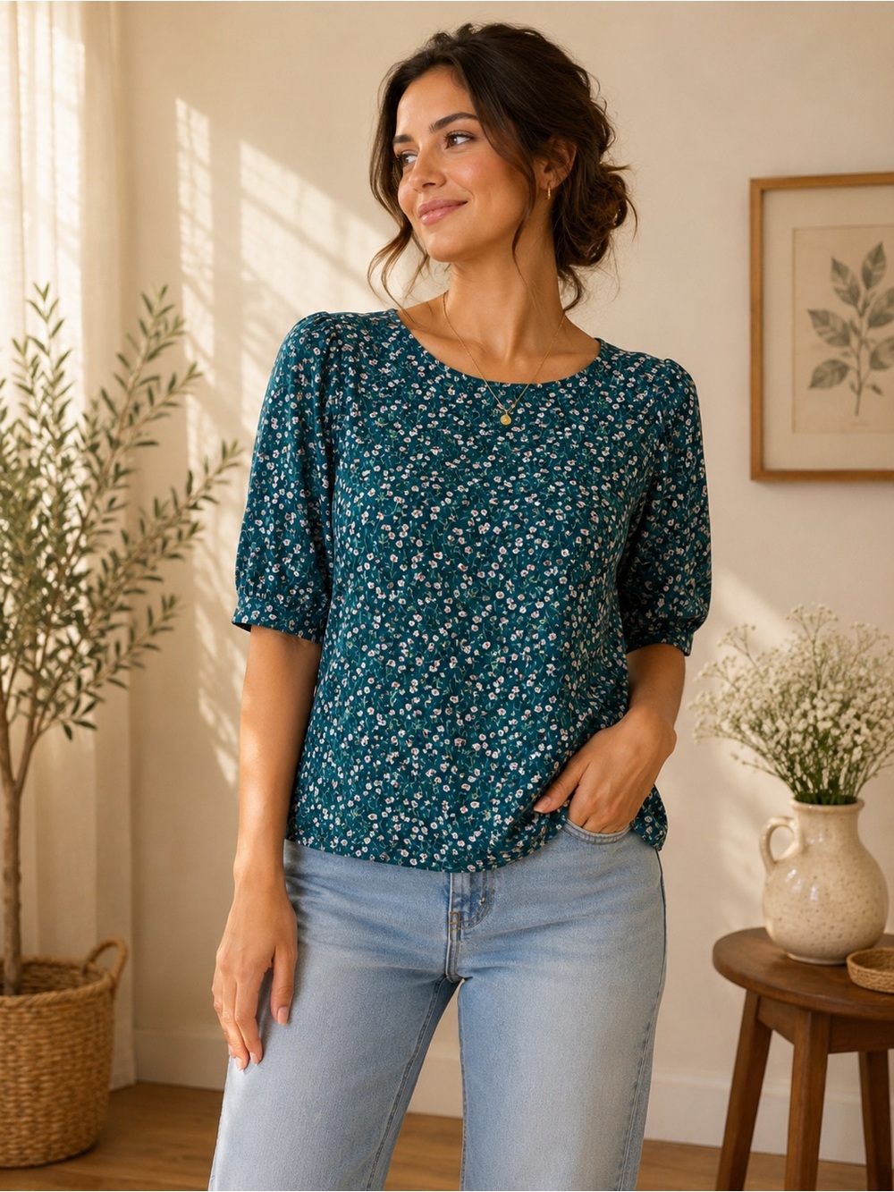 Floral Puff-Sleeve Short-Sleeve Top in Teal
